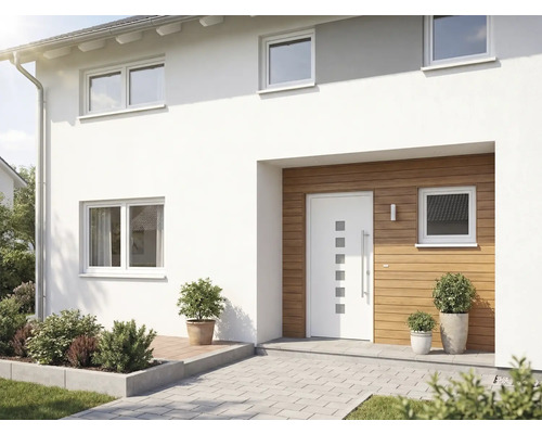 Façade de maison avec porte d'entrée, fenêtres et plantes