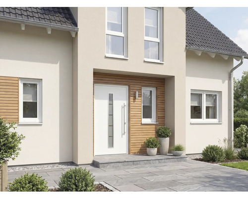 Außenansicht eines Hauses mit Eingangstür und Fenstern