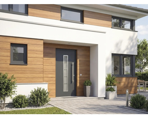 Außenansicht eines modernen Hauses mit Haustür, Fenstern und Holzverkleidung