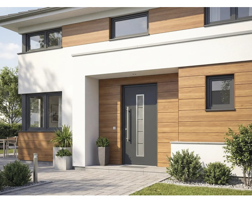 Modernes Haus mit Haustür, Fenster und Holzfassade