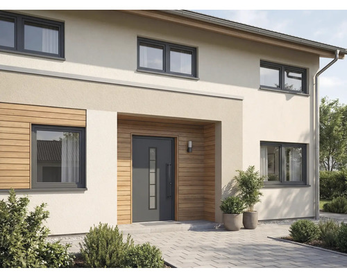 Hausfassade mit Haustür, Fenstern und Aussenbereich