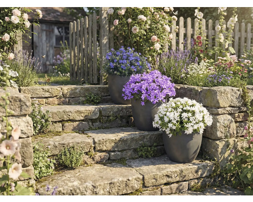 Aménagement de jardin avec escalier en pierre et plantes en pot fleuries