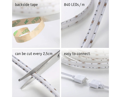 Ruban LED avec 840 LED par mètre, dos autocollant, découpable tous les 2,5 centimètres et système de connexion facile.