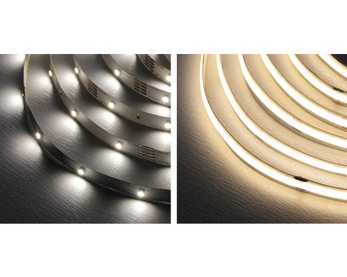 Comparaison entre ruban LED classique à points lumineux et ruban LED COB à bande lumineuse homogène.