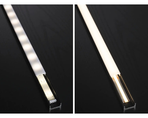 Comparaison entre ruban LED standard avec points lumineux et ruban LED COB avec ligne lumineuse continue dans un profilé.