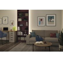 Heller, organisierter Raum mit grauem Stoffsofa, dunkelrotem Regal, Holzschreibtisch und gerahmter Wandkunst.