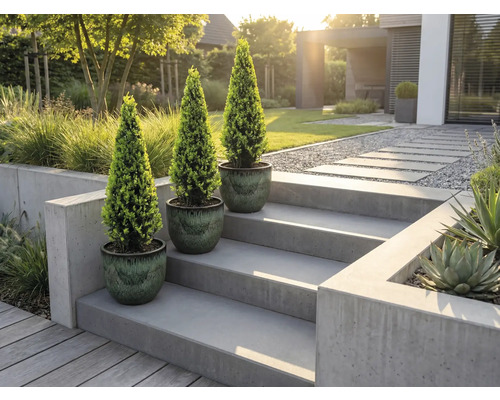 Drei Topfpflanzen auf einer Betontreppe in einem modernen Garten.