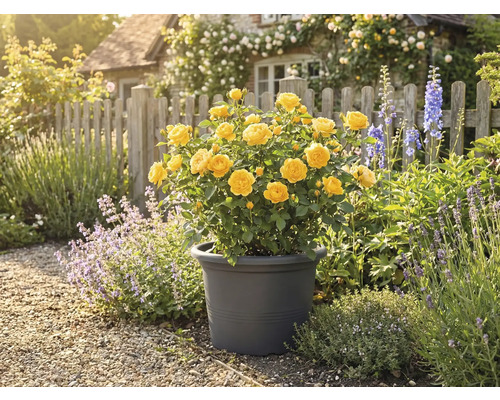 Rose jaune en pot dans le jardin
