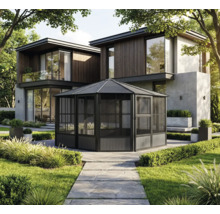 Pavillon de jardin devant une maison moderne avec jardin