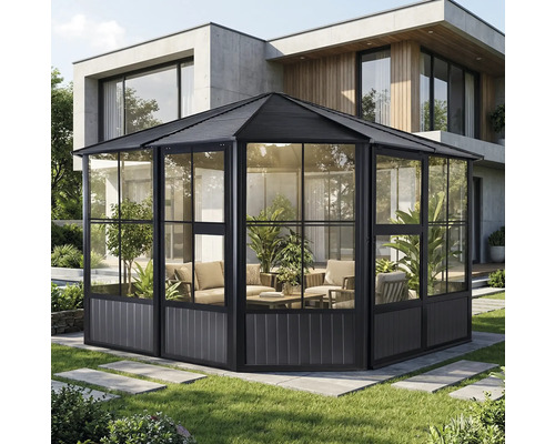 Tente de jardin avec parois en verre et coin salon dans le jardin