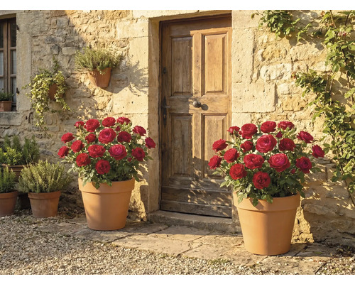 Scène avec deux pots de fleurs contenant des roses rouges devant une porte d'entrée.