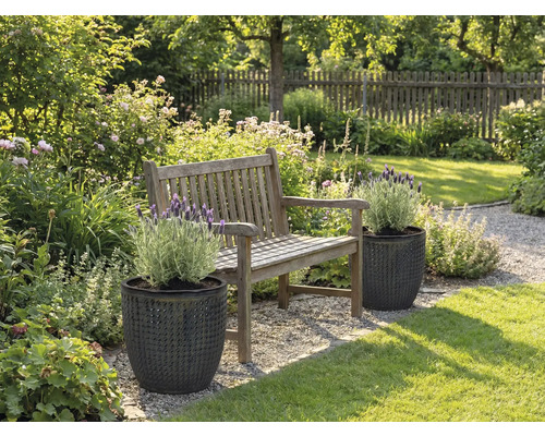 Aménagement de jardin avec banc en bois et plantes dans des bacs structurés