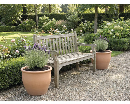 Aménagement paysager de jardin avec banc en bois et pots de fleurs avec lavande