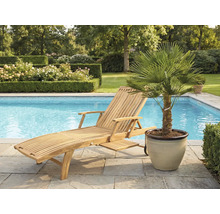 Chaise longue en bois à côté d'une piscine et d'un palmier en pot