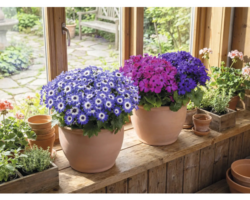 Pièce avec des cinéraires en fleurs dans des pots en terre cuite