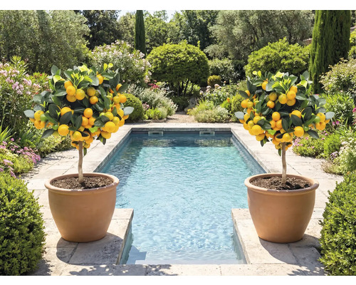 Deux citronniers en pot en terre cuite à côté d'une piscine dans un jardin.
