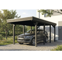 Carport en bois avec voiture dans la cour