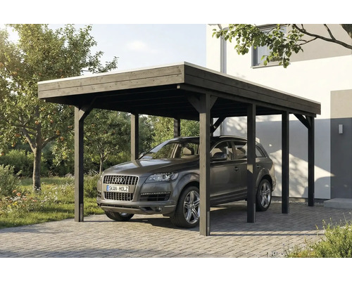 Holzcarport mit Auto im Hof
