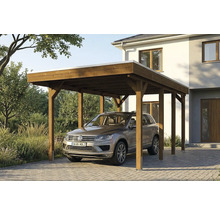 Carport en bois avec voiture devant