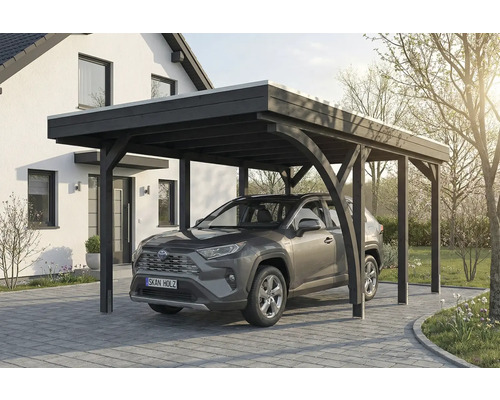 Ein Auto unter einem Carport aus Holz.