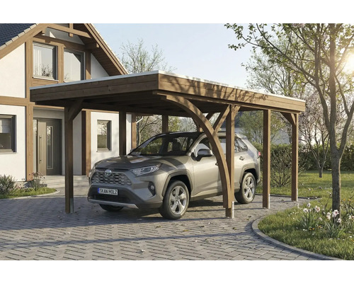 Voiture sous un abri de voiture en bois devant une maison.