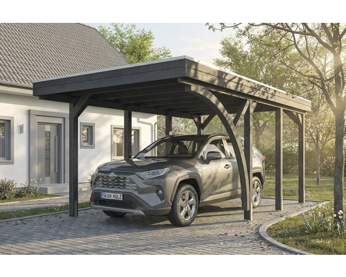 Auto unter Carport aus Holz vor Haus geparkt