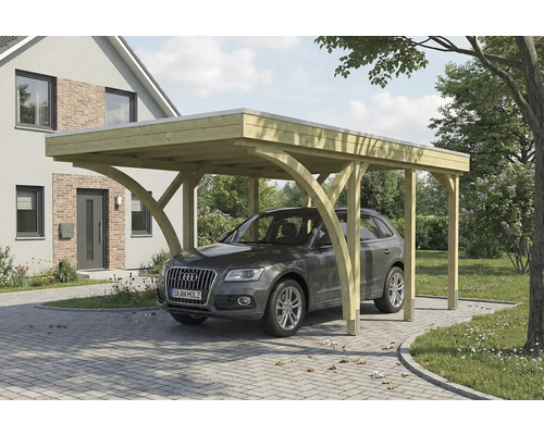 Voiture sous un abri de voiture en bois devant une maison