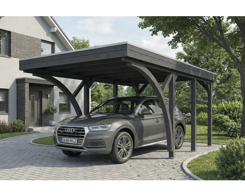 Carport aus Holz mit Auto auf der Einfahrt