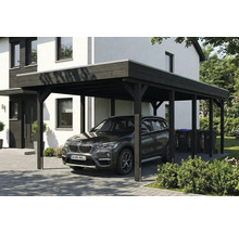 Abri de voiture en bois avec voiture et poubelles