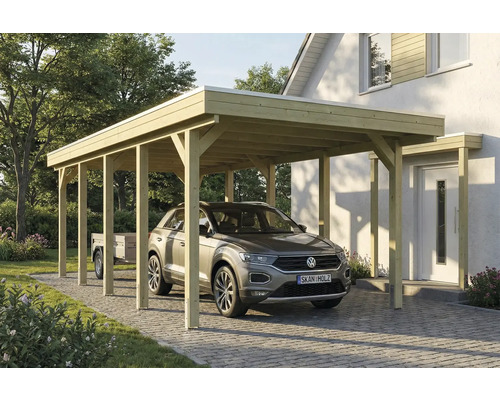 Carport aus Holz mit Auto und Anhänger im Hof