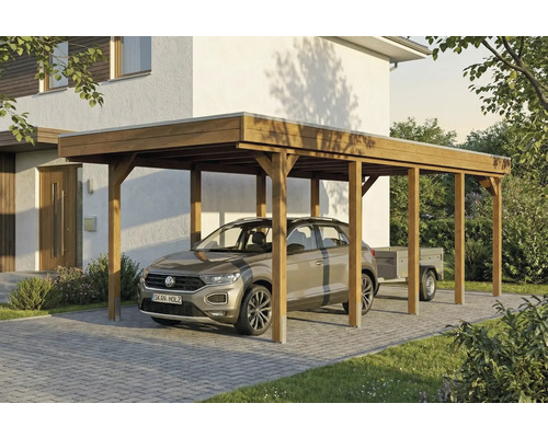 Carport aus Holz mit Auto und Anhänger vor einem Haus