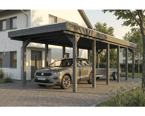 Carport aus Holz mit Auto und Anhänger