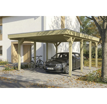 Ein Carport aus Holz mit einem Auto und einem Fahrrad darunter.