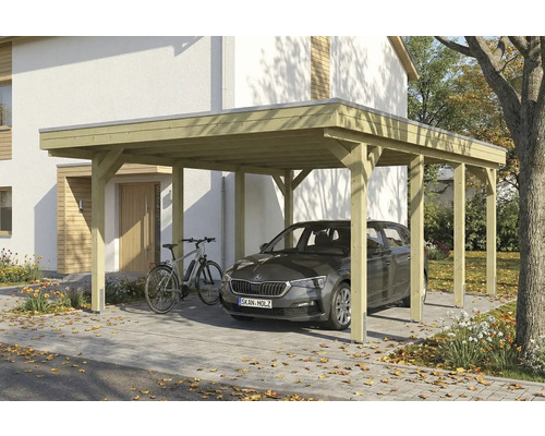 Ein Carport aus Holz mit einem Auto und einem Fahrrad darunter.