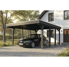 Schwarzer Carport aus Holz mit Auto und Fahrrad vor einem Haus