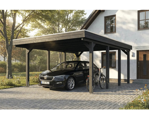 Schwarzer Carport aus Holz mit Auto und Fahrrad vor einem Haus