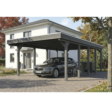 Carport aus Holz mit Auto und Fahrrad vor einem Haus