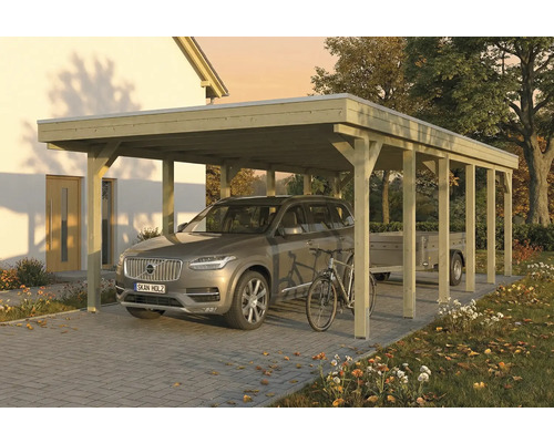 Carport aus Holz mit Auto, Fahrrad und Anhänger auf gepflastertem Untergrund