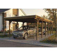 Carport en bois avec voiture, vélo et remorque