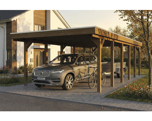 Holzcarport mit Auto, Fahrrad und Anhänger