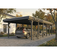 Un carport en bois avec une voiture, une remorque et un vélo en dessous