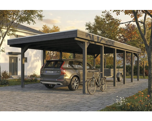 Ein Carport aus Holz mit einem Auto, einem Anhänger und einem Fahrrad darunter
