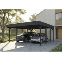 Double carport en bois avec deux voitures garées devant une maison