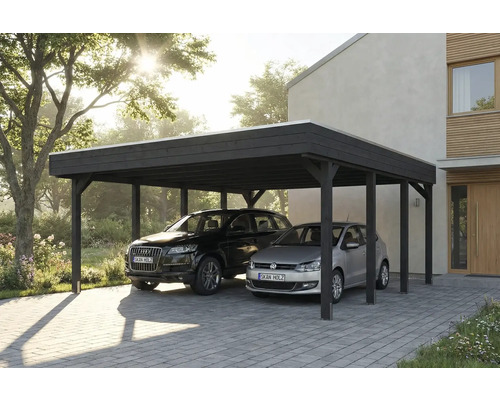 Double carport en bois avec deux voitures garées devant une maison