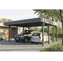 Double carport en bois avec deux voitures garées