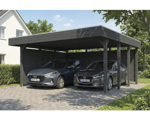 Doppelcarport aus Holz mit zwei geparkten Autos