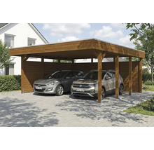 Doppelcarport aus Holz mit zwei Autos
