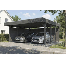 Double carport en bois avec deux voitures garées