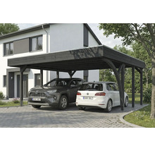 Doppelcarport aus Holz mit zwei geparkten Autos vor einem Haus