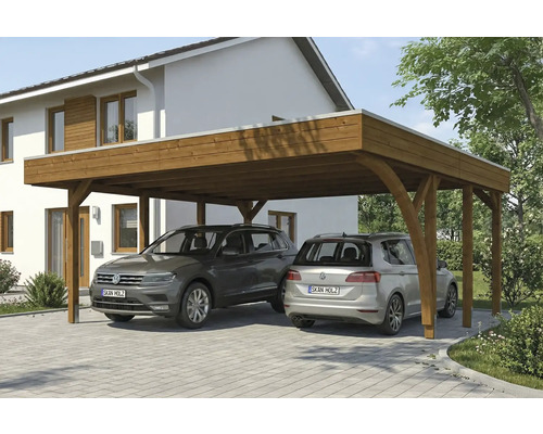 Doppelcarport aus Holz mit zwei parkenden Autos